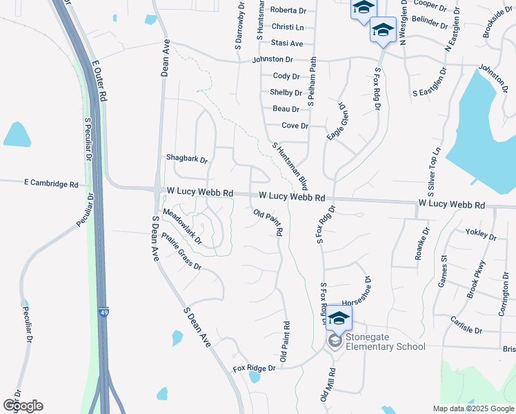 map of restaurants, bars, coffee shops, grocery stores, and more near 601 Old Paint Road in Raymore