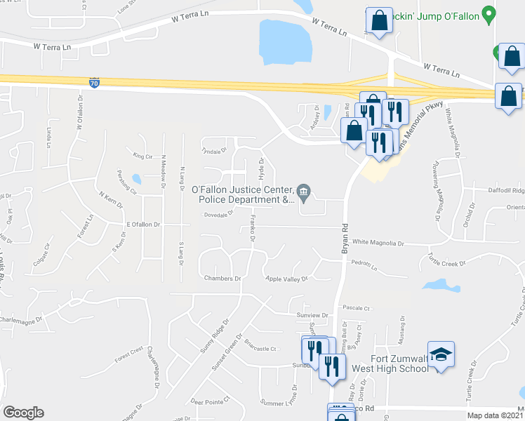 map of restaurants, bars, coffee shops, grocery stores, and more near 112 Chantry Drive in O'Fallon