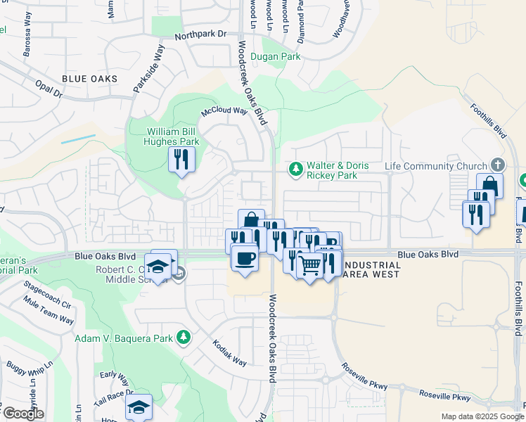 map of restaurants, bars, coffee shops, grocery stores, and more near 10001 Woodcreek Oaks Boulevard in Roseville