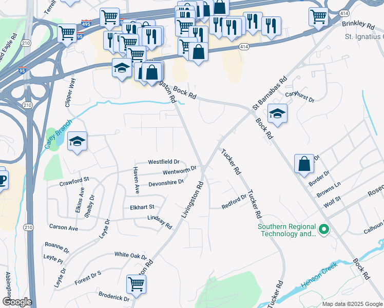 map of restaurants, bars, coffee shops, grocery stores, and more near 6705 Livingston Road in Oxon Hill