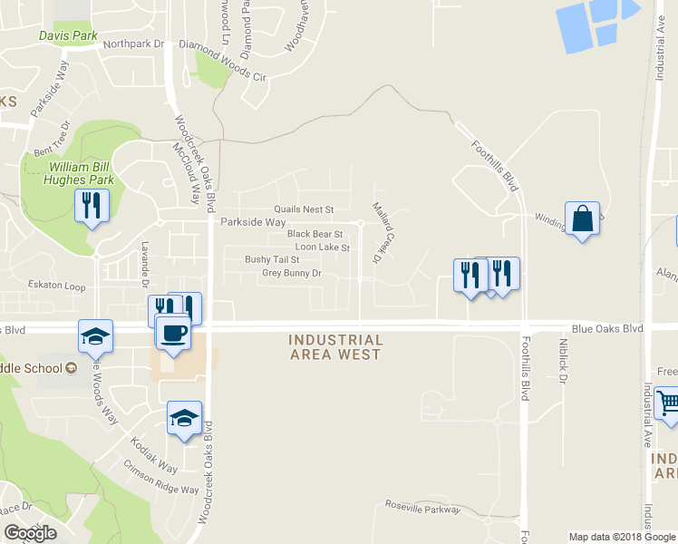 map of restaurants, bars, coffee shops, grocery stores, and more near 1466 Grey Bunny Drive in Roseville