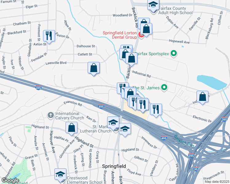 map of restaurants, bars, coffee shops, grocery stores, and more near 7004 Rhoden Court in North Springfield