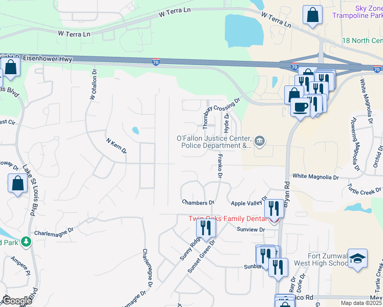 map of restaurants, bars, coffee shops, grocery stores, and more near 423 Dovedale Drive in O'Fallon