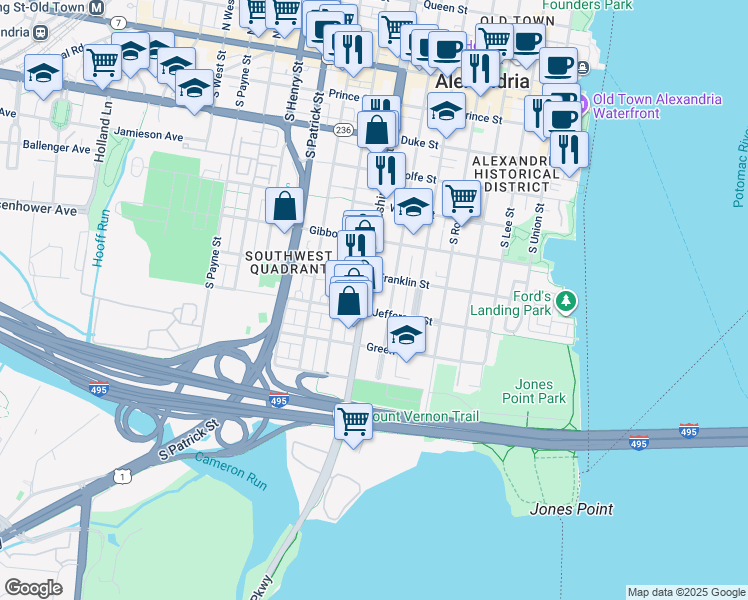 map of restaurants, bars, coffee shops, grocery stores, and more near 722 South Washington Street in Alexandria