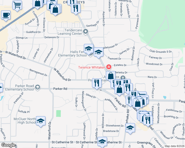 map of restaurants, bars, coffee shops, grocery stores, and more near 4 Whitney Cir in Florissant