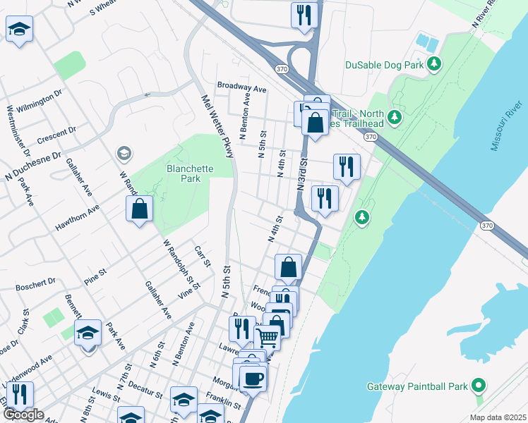 map of restaurants, bars, coffee shops, grocery stores, and more near 1924 North 5th Street in Saint Charles