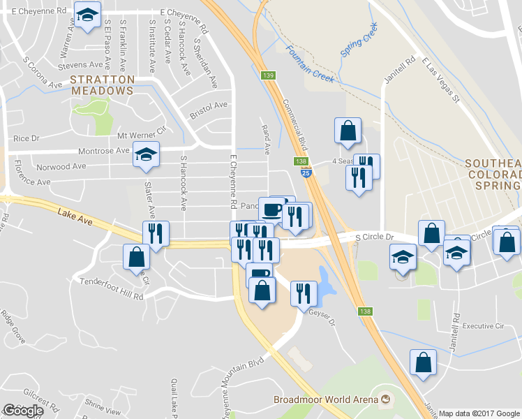 map of restaurants, bars, coffee shops, grocery stores, and more near 1313 Pando Avenue in Colorado Springs