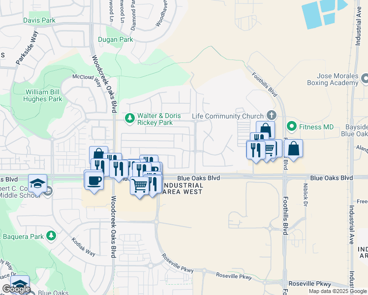 map of restaurants, bars, coffee shops, grocery stores, and more near 1466 Grey Bunny Drive in Roseville