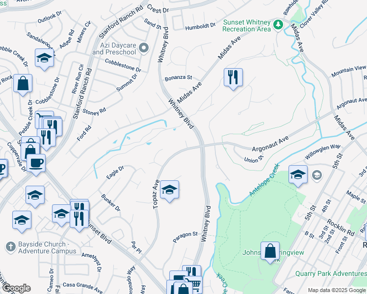 map of restaurants, bars, coffee shops, grocery stores, and more near 4900 Topaz Avenue in Rocklin