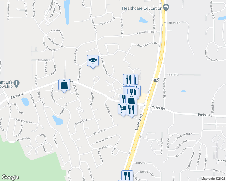 map of restaurants, bars, coffee shops, grocery stores, and more near 6655 Blossomwood Drive in Florissant