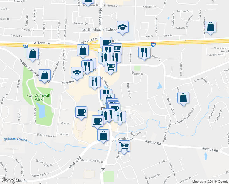 map of restaurants, bars, coffee shops, grocery stores, and more near 877 Sherwood Forest Court in O'Fallon