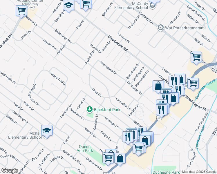 map of restaurants, bars, coffee shops, grocery stores, and more near 5 Florland Court in Florissant