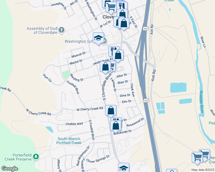 map of restaurants, bars, coffee shops, grocery stores, and more near 480 North Cloverdale Boulevard in Cloverdale