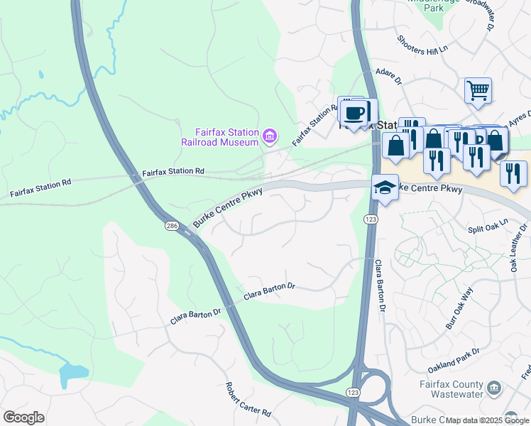 map of restaurants, bars, coffee shops, grocery stores, and more near 5930 Fairview Woods Drive in Fairfax Station
