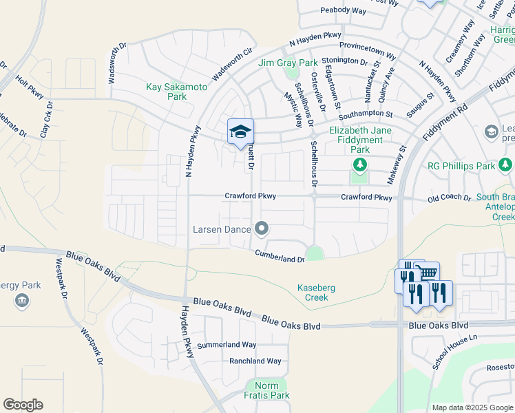 map of restaurants, bars, coffee shops, grocery stores, and more near 7041 Nobleboro Way in Roseville
