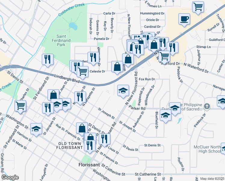 map of restaurants, bars, coffee shops, grocery stores, and more near 14 Brightwell Court in Florissant