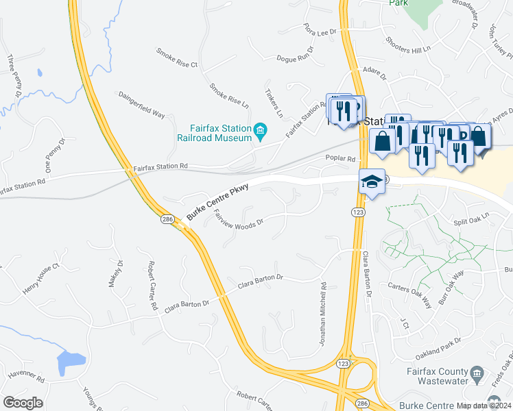 map of restaurants, bars, coffee shops, grocery stores, and more near 5930 Fairview Woods Drive in Fairfax Station