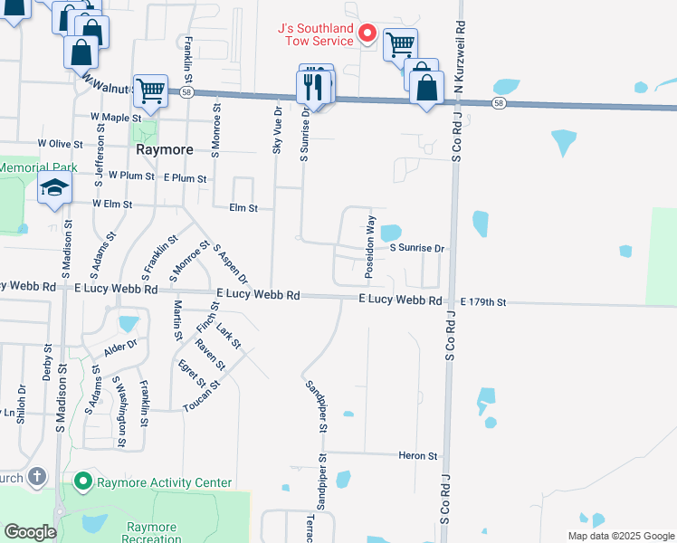 map of restaurants, bars, coffee shops, grocery stores, and more near 529 Saturn Drive in Raymore