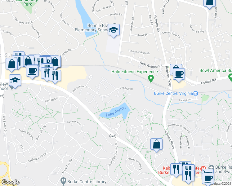 map of restaurants, bars, coffee shops, grocery stores, and more near 5716 Edgewater Oak Court in Burke
