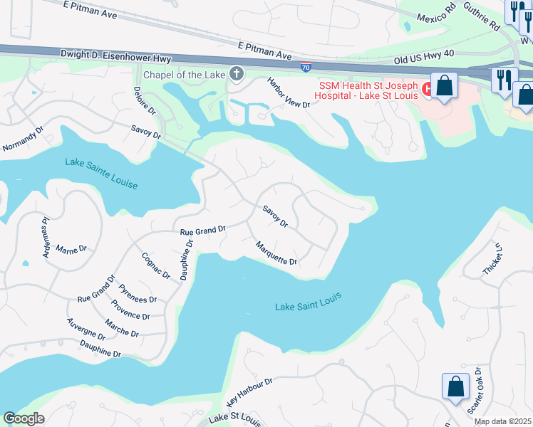 map of restaurants, bars, coffee shops, grocery stores, and more near 249 Savoy Drive in Lake Saint Louis