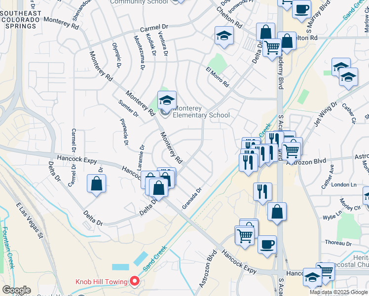 map of restaurants, bars, coffee shops, grocery stores, and more near 2401 Ember Drive in Colorado Springs