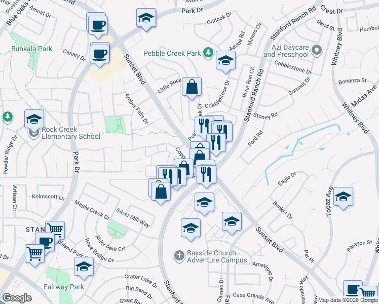 map of restaurants, bars, coffee shops, grocery stores, and more near in Rocklin