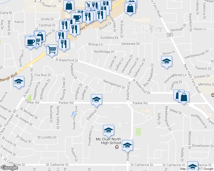 map of restaurants, bars, coffee shops, grocery stores, and more near 1520 Man O War Drive in Florissant