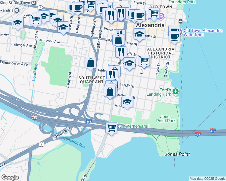 map of restaurants, bars, coffee shops, grocery stores, and more near 715 South Washington Street in Alexandria