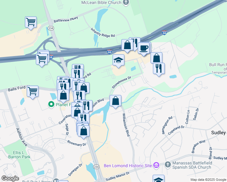 map of restaurants, bars, coffee shops, grocery stores, and more near 10516 Lariat Lane in Manassas