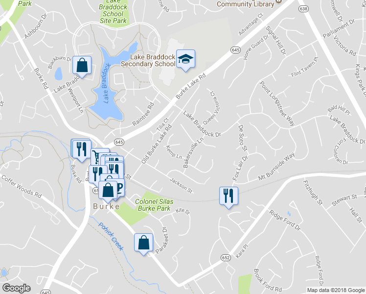 map of restaurants, bars, coffee shops, grocery stores, and more near 9301 Olivia Place in Burke