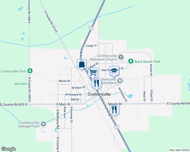 map of restaurants, bars, coffee shops, grocery stores, and more near 211 North Armstrong Street in Crothersville