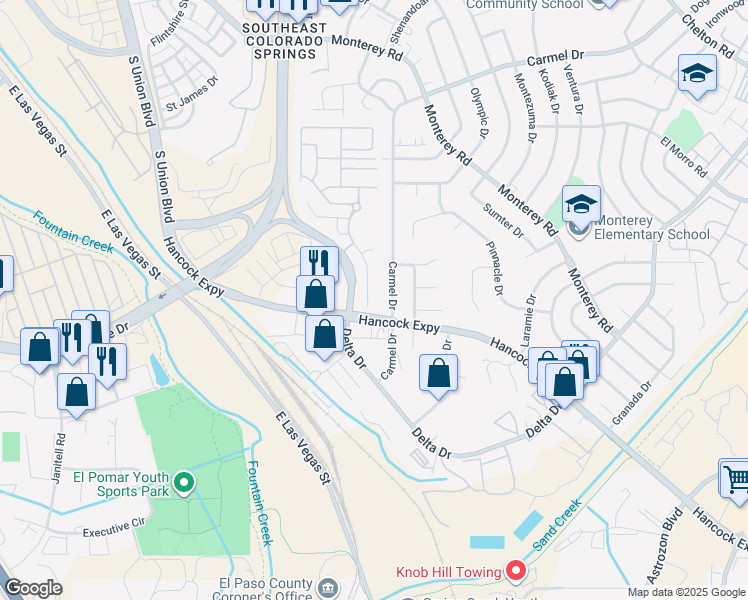 map of restaurants, bars, coffee shops, grocery stores, and more near 2373 Spring Blossom Drive in Colorado Springs