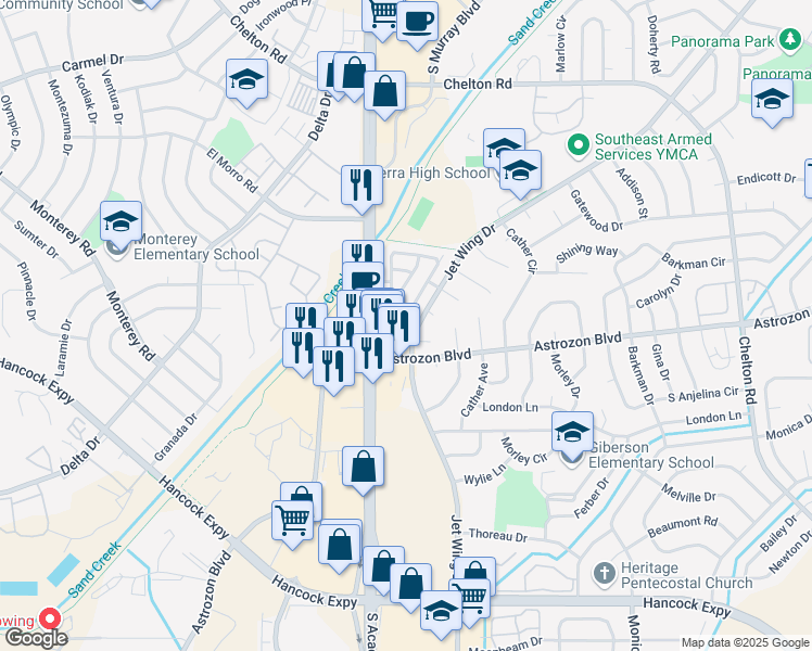 map of restaurants, bars, coffee shops, grocery stores, and more near 2408 Sierra Springs Drive in Colorado Springs