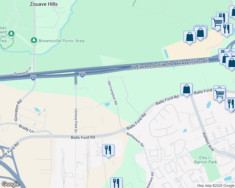 map of restaurants, bars, coffee shops, grocery stores, and more near 7309 Old Compton Road in Manassas