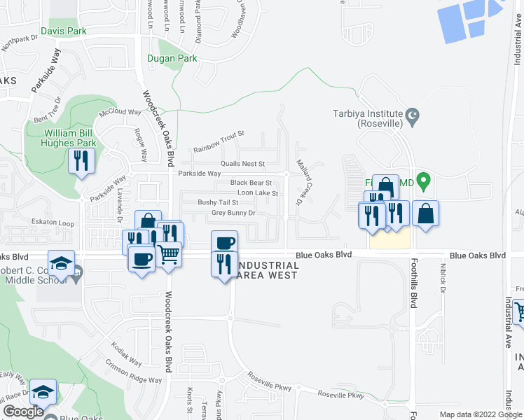 map of restaurants, bars, coffee shops, grocery stores, and more near 1490 Grey Bunny Drive in Roseville