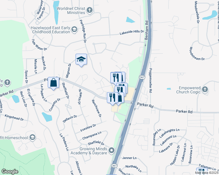 map of restaurants, bars, coffee shops, grocery stores, and more near 6678 Chesapeake Drive in Florissant