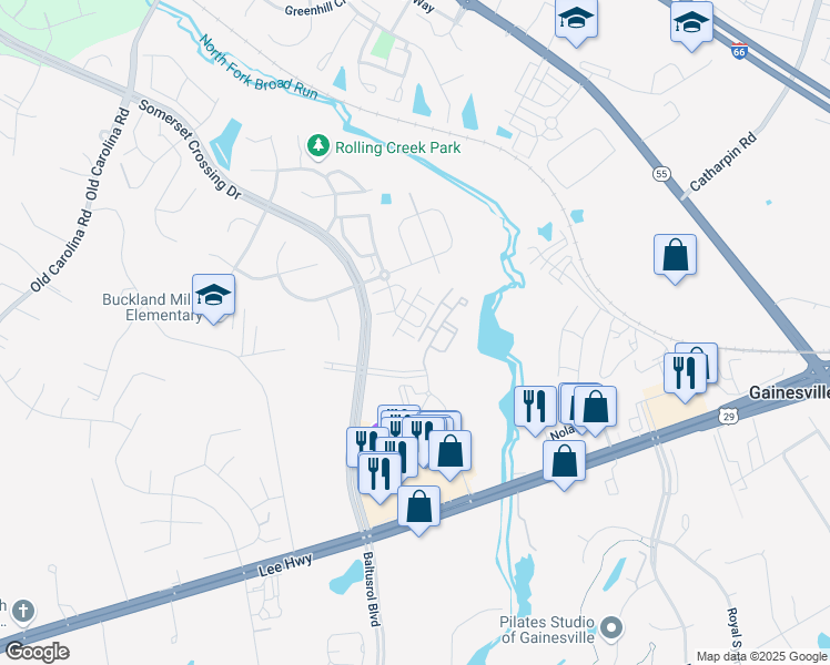 map of restaurants, bars, coffee shops, grocery stores, and more near 7480 Brunson Circle in Gainesville