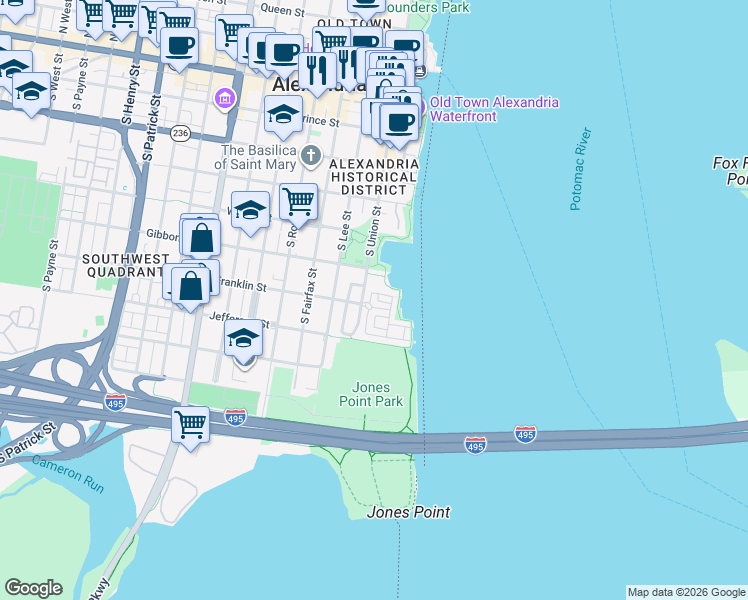 map of restaurants, bars, coffee shops, grocery stores, and more near 604 Battery Place in Alexandria