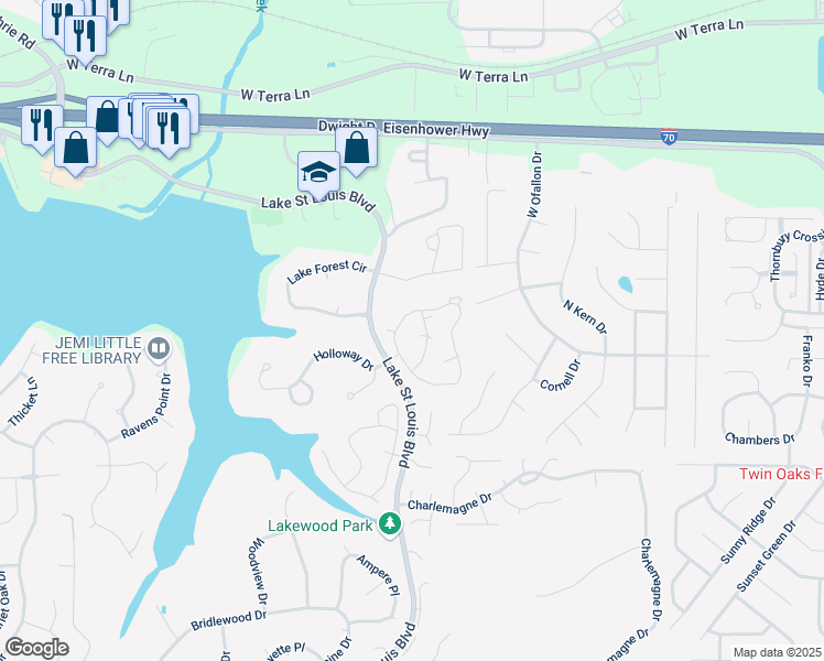 map of restaurants, bars, coffee shops, grocery stores, and more near 424 Oak Place in Lake Saint Louis