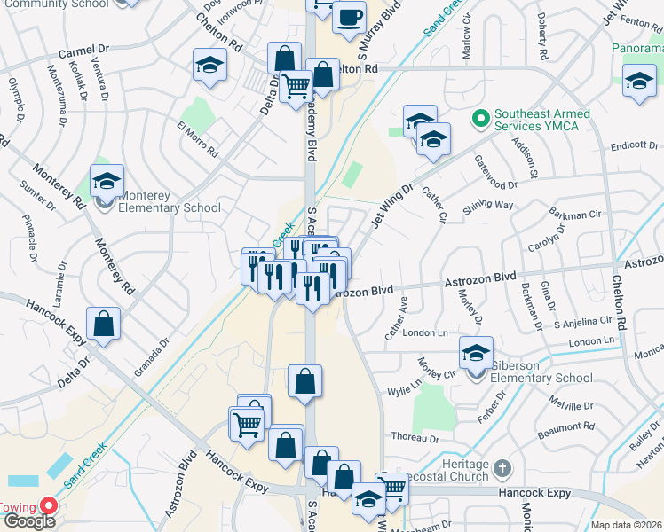 map of restaurants, bars, coffee shops, grocery stores, and more near 2475 South Academy Boulevard in Colorado Springs