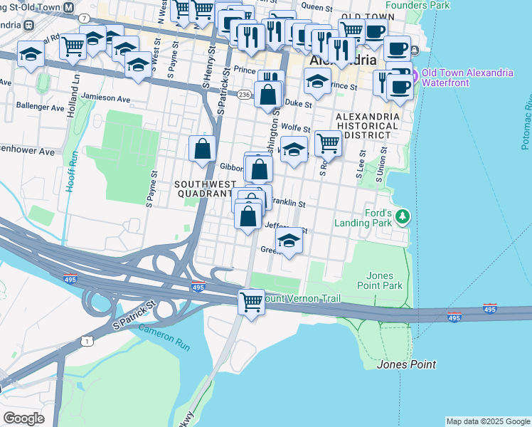map of restaurants, bars, coffee shops, grocery stores, and more near 718 South Washington Street in Alexandria