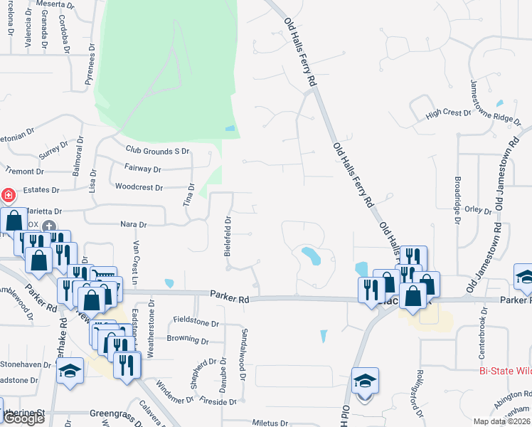 map of restaurants, bars, coffee shops, grocery stores, and more near 23 Wild Ridge Manor Court in Florissant