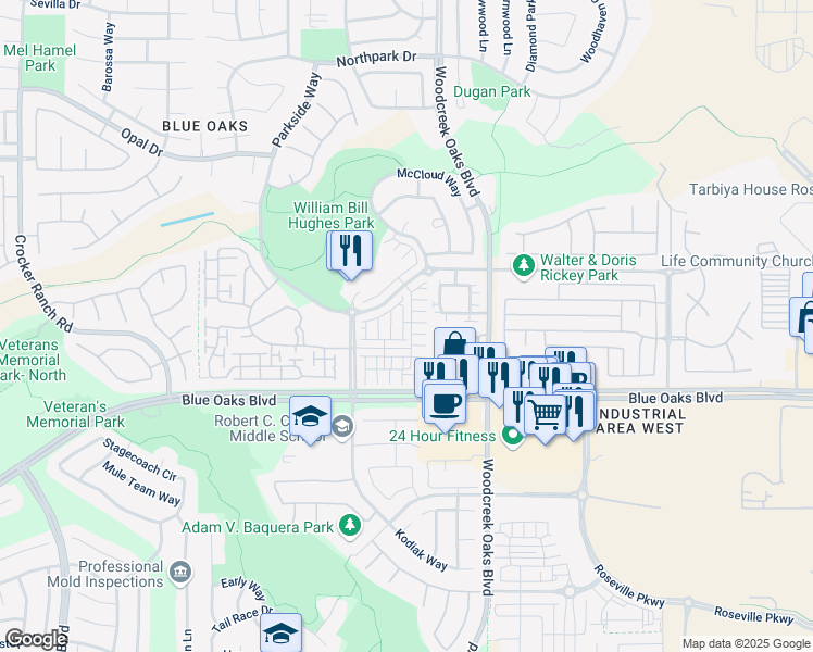 map of restaurants, bars, coffee shops, grocery stores, and more near 1154 Lavande Drive in Roseville