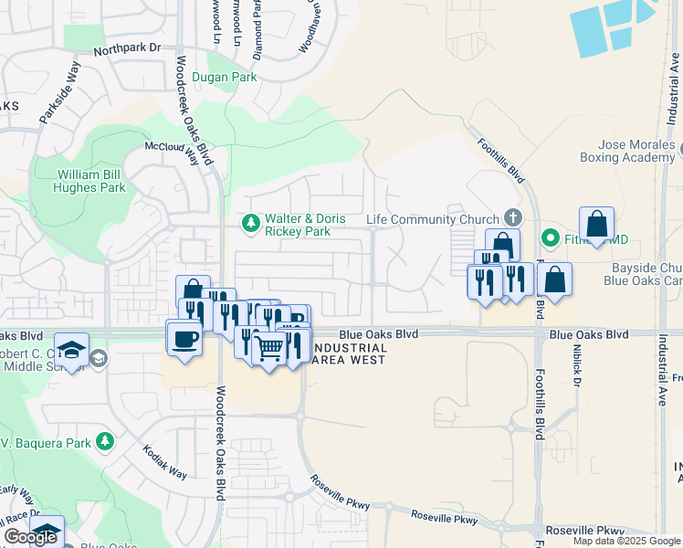 map of restaurants, bars, coffee shops, grocery stores, and more near 1490 Grey Bunny Drive in Roseville
