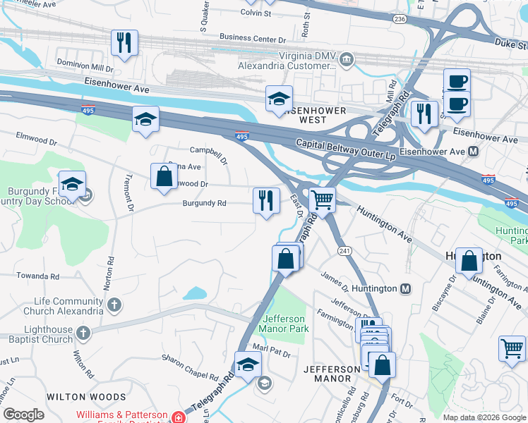 map of restaurants, bars, coffee shops, grocery stores, and more near 3103 Burgundy Road in Alexandria