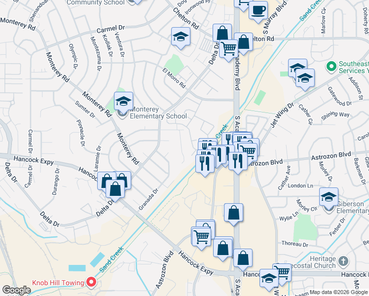 map of restaurants, bars, coffee shops, grocery stores, and more near 2263 San Marcos Drive in Colorado Springs