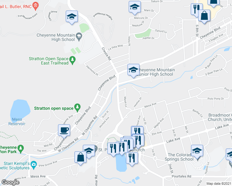 map of restaurants, bars, coffee shops, grocery stores, and more near 105 Cresta Road in Colorado Springs