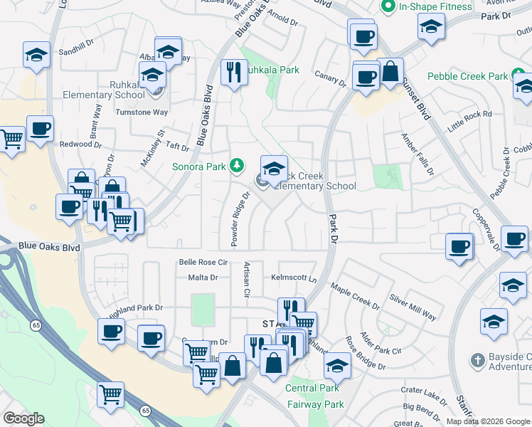 map of restaurants, bars, coffee shops, grocery stores, and more near 6509 Mystery Mountain Way in Rocklin