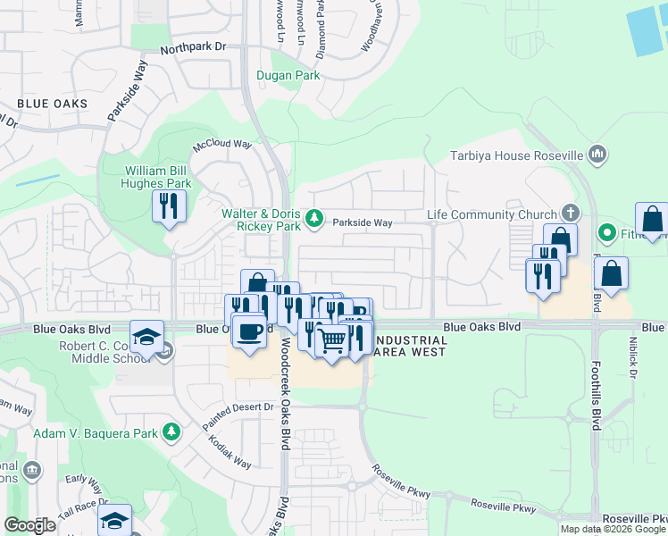map of restaurants, bars, coffee shops, grocery stores, and more near 1634 Grey Bunny Drive in Roseville