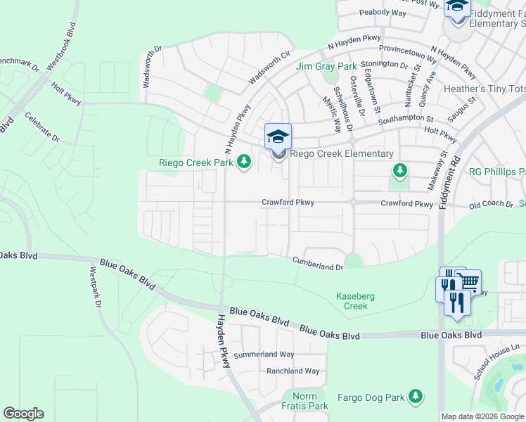 map of restaurants, bars, coffee shops, grocery stores, and more near 3094 Pruett Drive in Roseville
